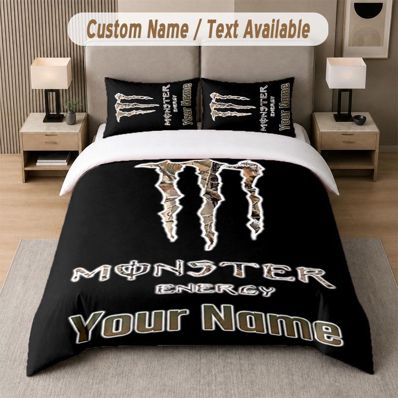 Set Biancheria da Letto Personalizzato Modello Monster Energy, Stampa Nome Testo 1 Copripiumino più 2 Federe Tessile per la Casa