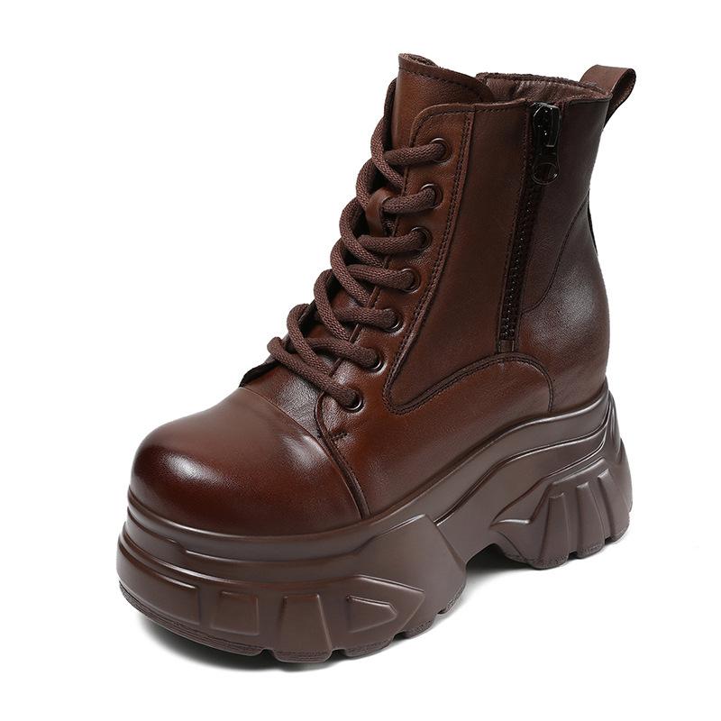 Herbst und Winter neue Plateau Martin Stiefel Damen Leder Britischer Stil klein retro braun Innenhöhe Erhöhung kurze Lederstiefel