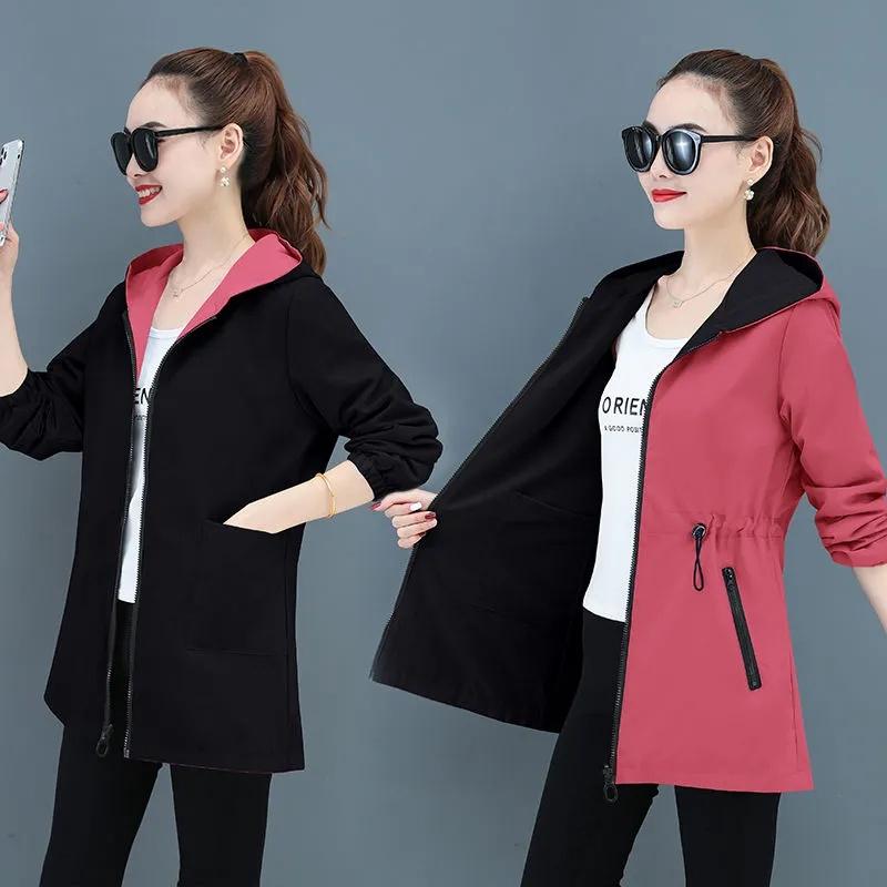 Damen Langarmjacken Kapuzenjacke Lässiger Basic-Mantel Lockere Oberbekleidung Damenjacke Beidseitige Windjacke 4XL