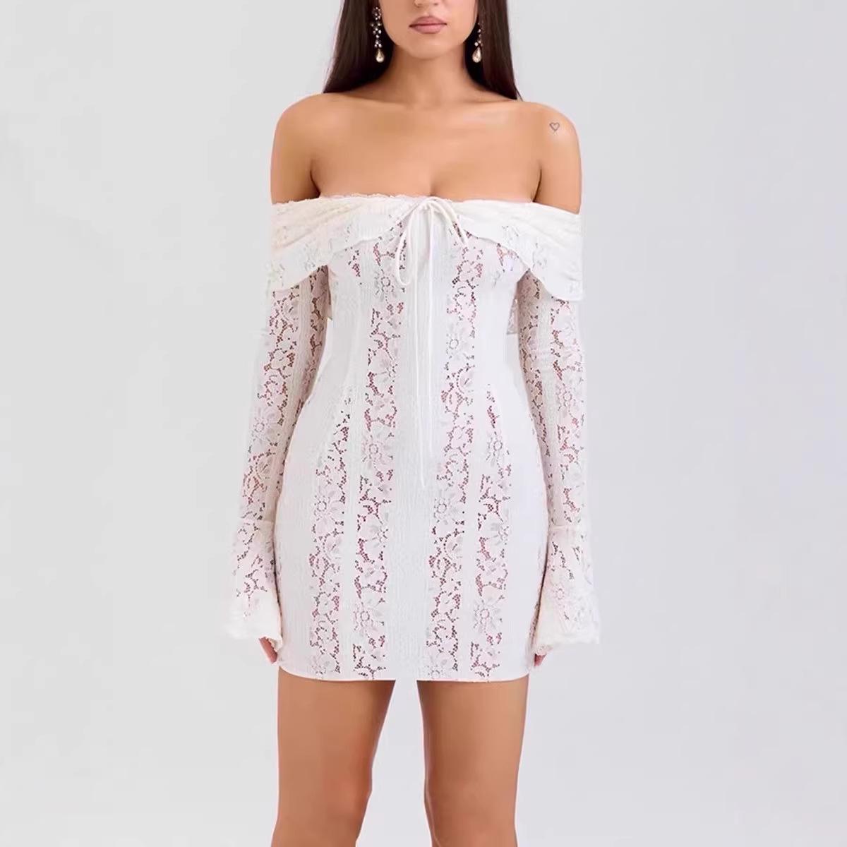 Off-Shoulder White Lace Bodycon Dress with Cinched Waist and Hip-Hugging Skirt XS бежевый
