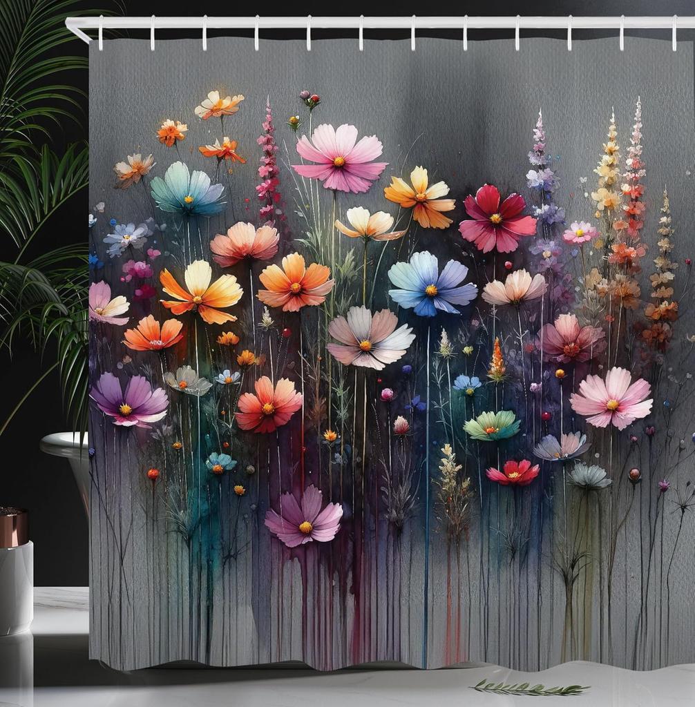 Hippie Shower Curtain, Daisy Look Flowers on Abstract Groovy Style Waves Retro 60s 70s Vibes, Cloth Fabric Bathroom Decor Set