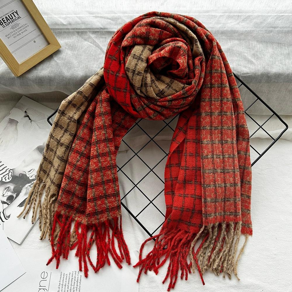 Soft waxy and thick plaid imitation cashmere scarf for women, warm fringed shawl in winter, couple scarf tide