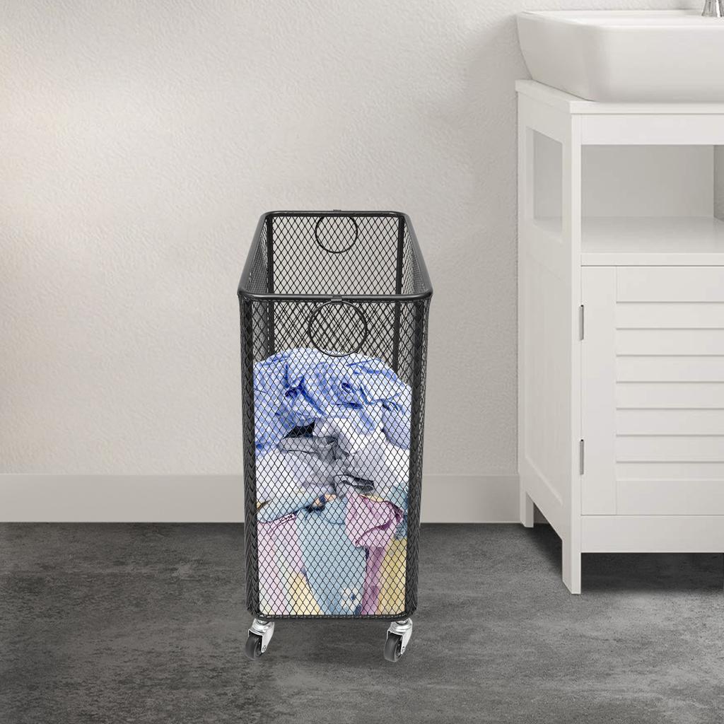 Rectangular Iron Rolling Laundry Basket,Black Laundry Basket with 4 Wheels,Iron Pipe 13mm Freestanding 43*23*45cm for Balcony