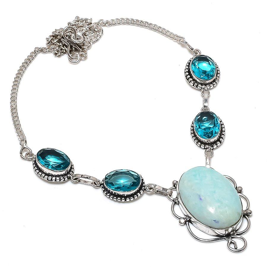 Natural Amazonite, Topaz Gemstone 925 Sterling Silver Jewelry Necklace 18" u6E69