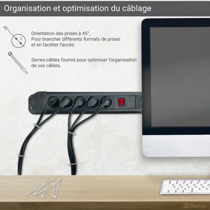 Multiprise avec parasurtenseur - waytex - 10 prises - câble 1,50m - 2 interrupteurs - 100 colliers inclus