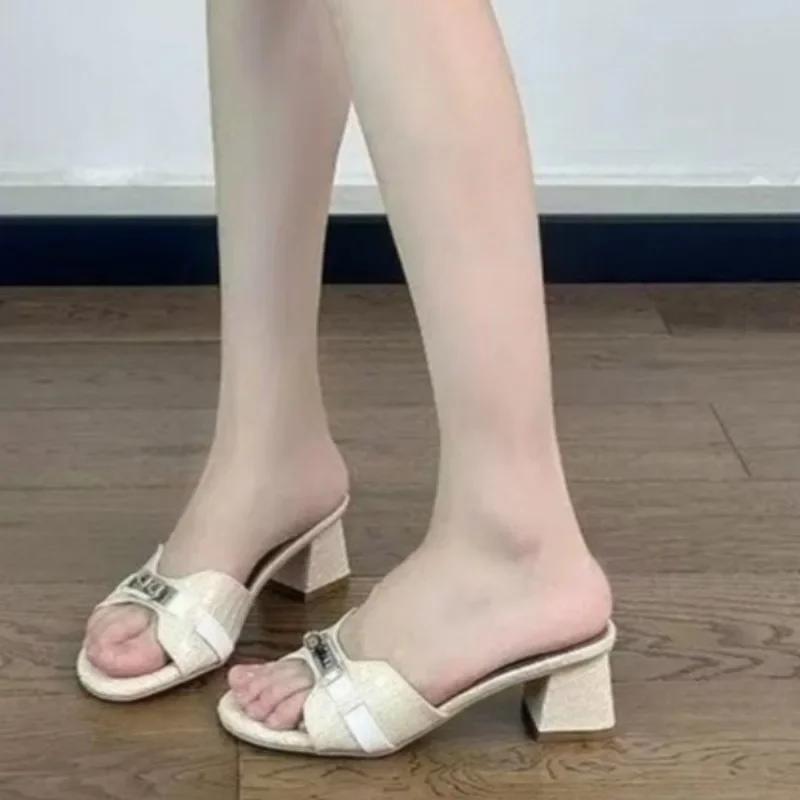 Elegant Woman Heeled Shoes 2025 Fashion Peep Toe Slippers Women Summer New Metal Decoration Dress Shallow Luxury Women's Sandals