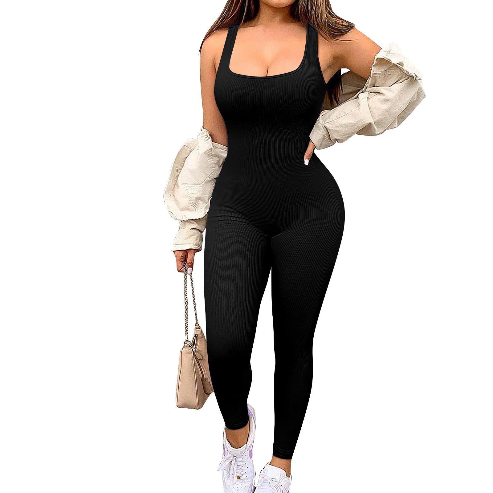 Women s Square Neck Sleeveless Ribbed Bodysuit Slim Fit Mid Rise Casual Athleisure Jumpsuit S