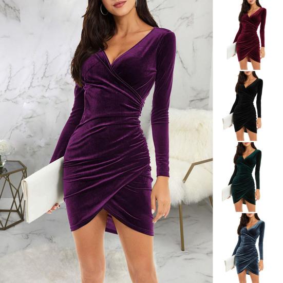 Women's Sexy Velvet Long Sleeve V Neck Mini Dress Ruched Bodycon Faux Wrap Cocktail