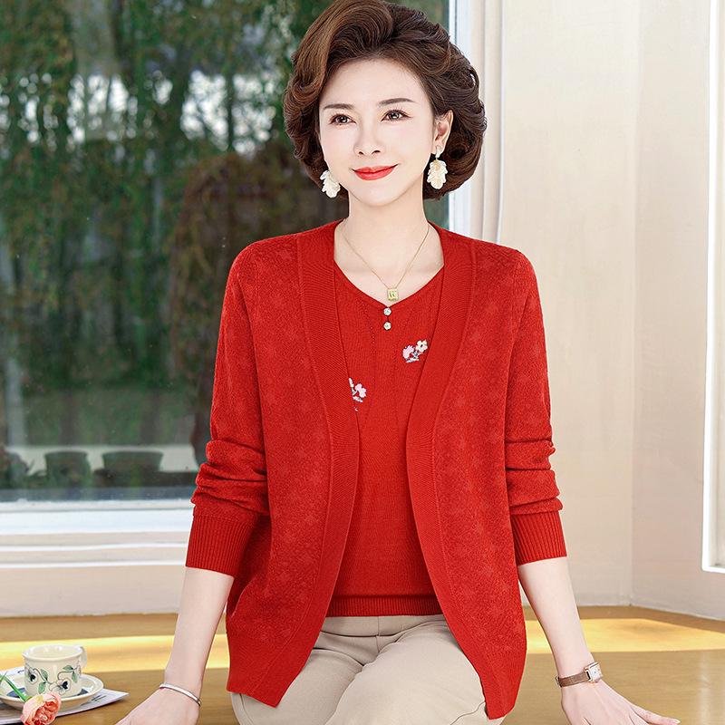

Mom s Plus Size Spring & Autumn Knit Cardigan Set: 50-60s Ice Silk Short-Sleeve T-Shirt for Middle-Aged & Elderly. 4XL (for 135-150 jin) червоний
