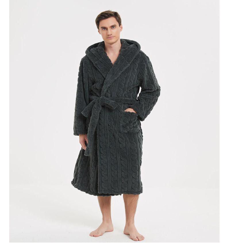 Large Cotton Velvet Jacquard Hooded Men's Nightgown - European & American Style, Thickened for Autumn/Winter, Unisex.