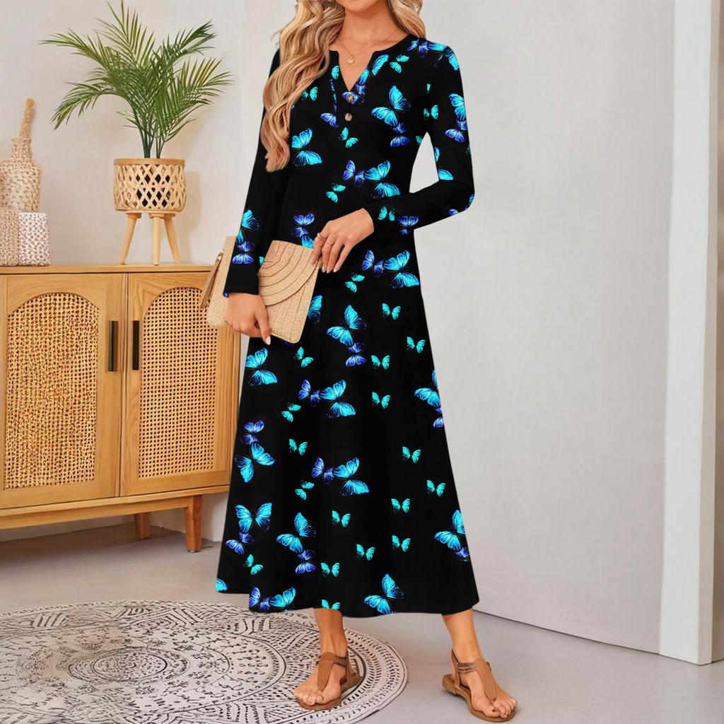 Women Retro Printed Long-sleeved Comfortable Loose Dress, Elegant Dress