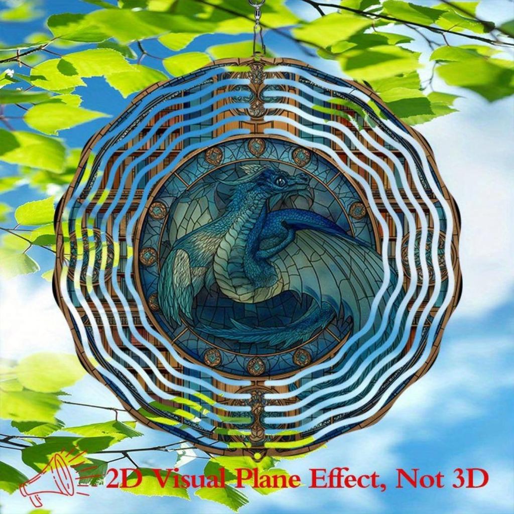 Stained Glass Dragon Wind Chime Outdoor Decor 10 Inch Rotating Metal Garden Art Handmade Asian Style Patio Hanging Ornament Gift for Home