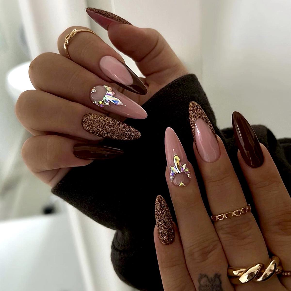 

Autumn/Winter Long Maillard Style Nail Art with Colored Rhinestones - French False Nails JP3114 [Glue Included]