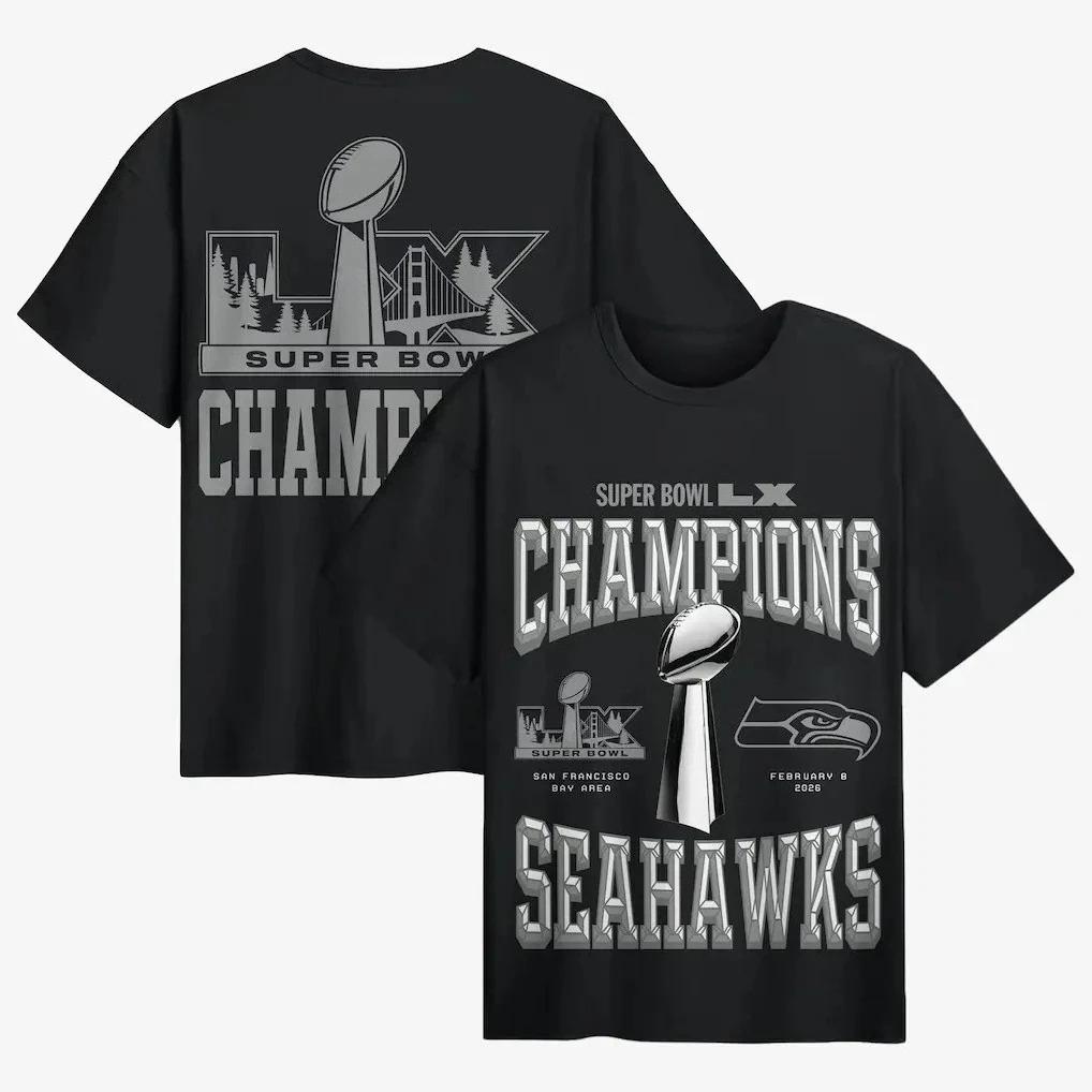Super Bowl LX 2026 Seahawks Campione Maglietta Commemorativa unisex Estate Nuova Unisex calcio 100% cotone Manica Corta T-shirt regalo per fan