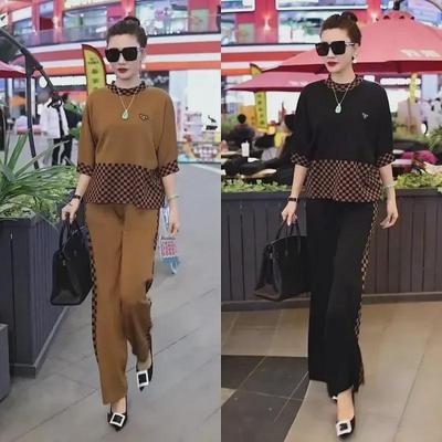 2025 Spring/Summer European Women's Spliced Plaid Sweatshirt & Wide-Leg Pants Set