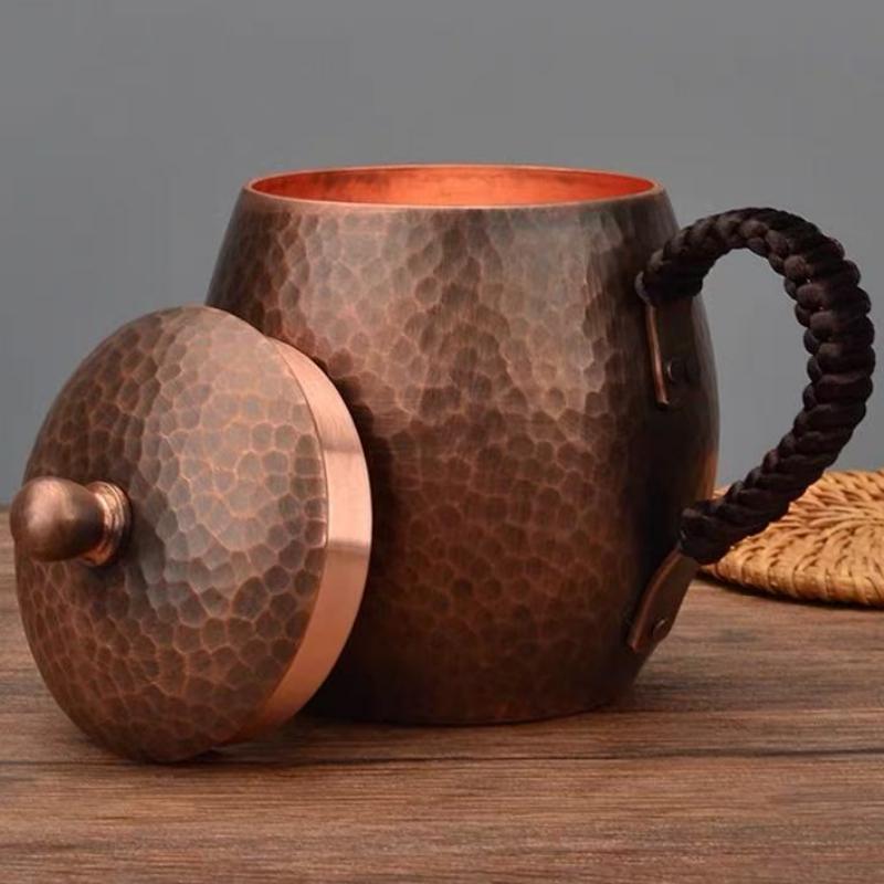 Vintage Handcrafted Copper Coffee Mug,Camping Beer Mug With lid Hammer Texture Handle Beverage Juice Cups Drinking 400ml Tea Cup