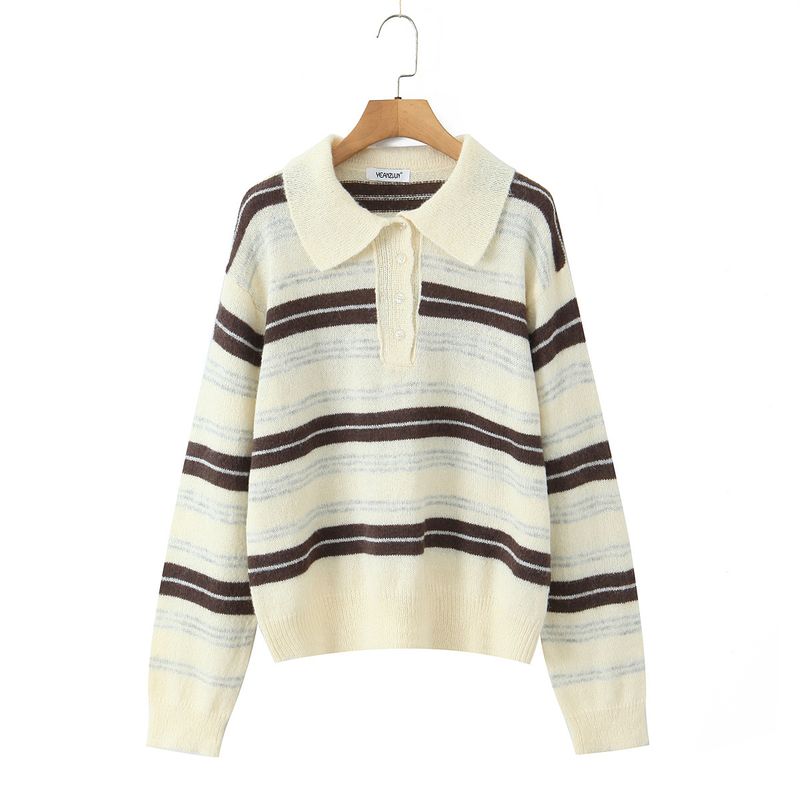 

Zbzr New Fall Women s Clothing Fashion Style Fashion All-Match Polo Collar Long Sleeves Loose Slimming Sweater- Apricot Strip All yards