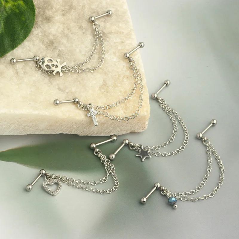 Screw Ball Fashion Piercing Earrings Stainless Steel L Chain Zircon Moon Heart-shaped Earbone Stud