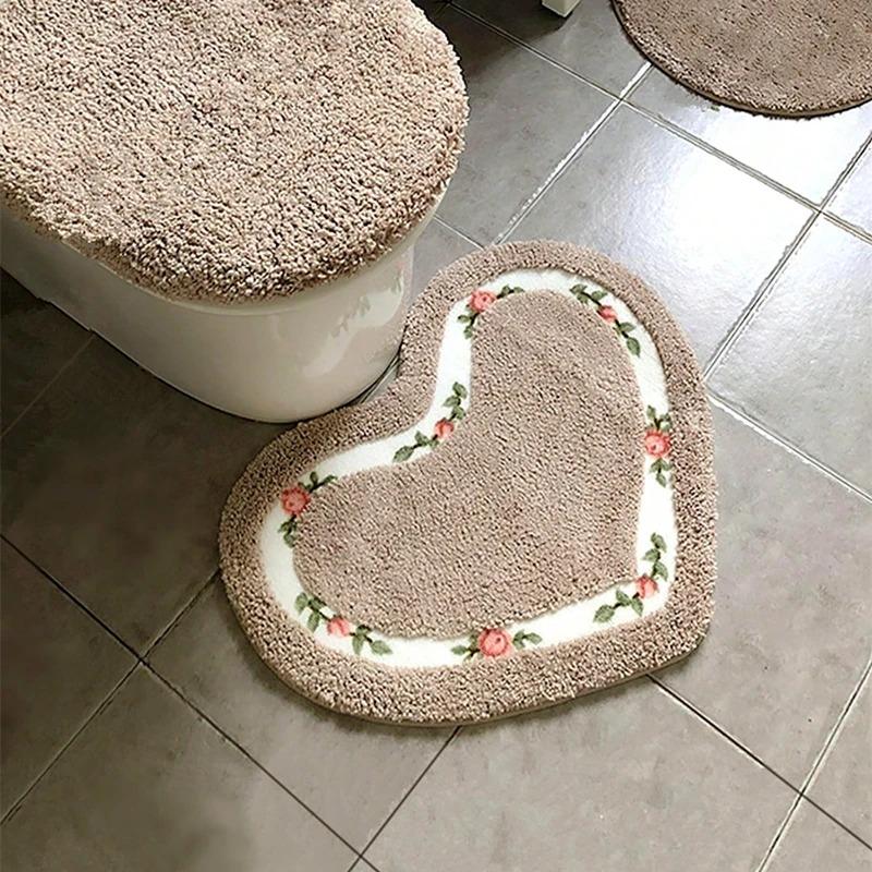 Heart Shape Nonslip Bath Mat Embroidered Toilet Rug Kit Water Absorption Door Mat for Bathroom Toilet Bedroom Floor Mat