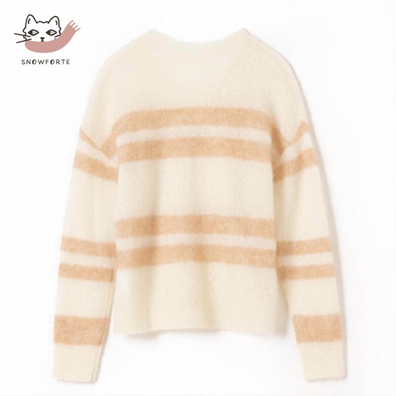 Sinoford Damen Herbst/Winter V-Ausschnitt Gestreifter Locker Gestrickter Wollpullover S21-002