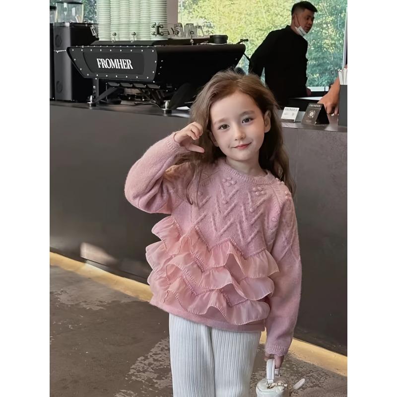 Girl's Knitted Sweater Dress: Soft Pink with Ruffled Hem, Perfect for Fall/Winter