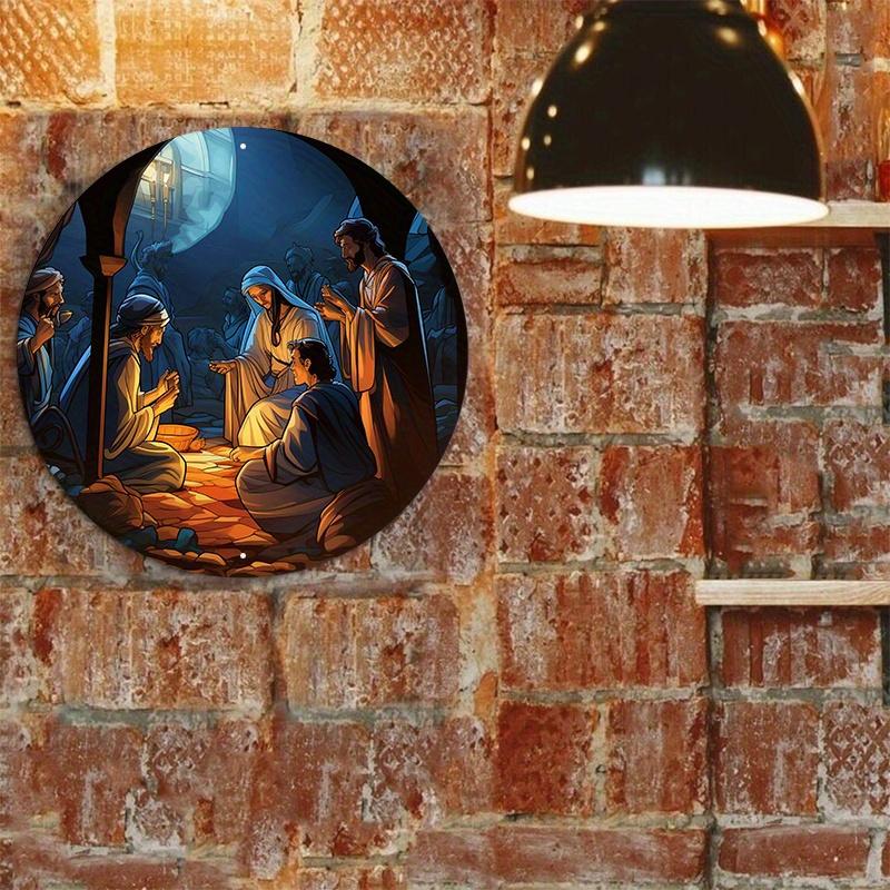 Wooden Festive Nativity Scene Sign, Circular Mark, Suitable for Living Room, Wall, Home Decoration, 8x8 Inch, 1Pc