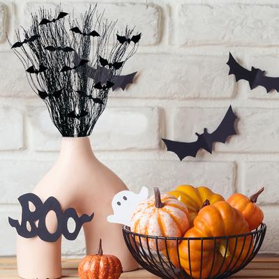 Halloween Svarta Konstgjorda Lockiga Pilgrenar Dekorativa 3D Fladdermusklistermärken Glittriga Falska Grenpinnar Halloweenfest Dekor