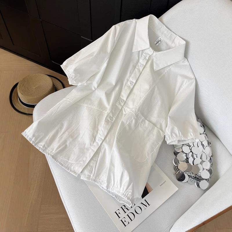Net version short-sleeved shirt 2025 simple Korean version of fashion lapel single-breasted splicing versatile loose casual shirt women