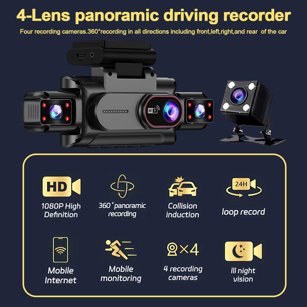 4 Channel Car DVR UHD 1080P 4-Lens Cabin Vehicle Dash Cam 360° All Sides Car Camera Wifi Video Driving Registrator Black Box