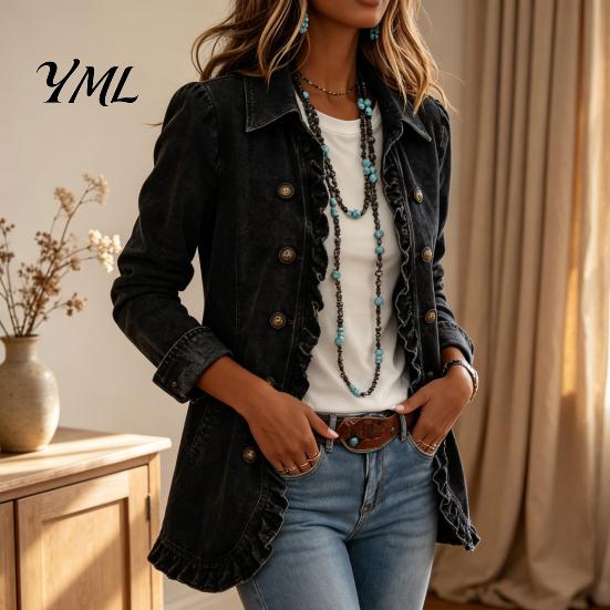 Umlegekragen Jacken Damen Böhmische Blumenjacke, Gerüschter Offener Mantel, Jacke Schlanke Passform Lässig Langarm Oberbekleidung für den Herbst