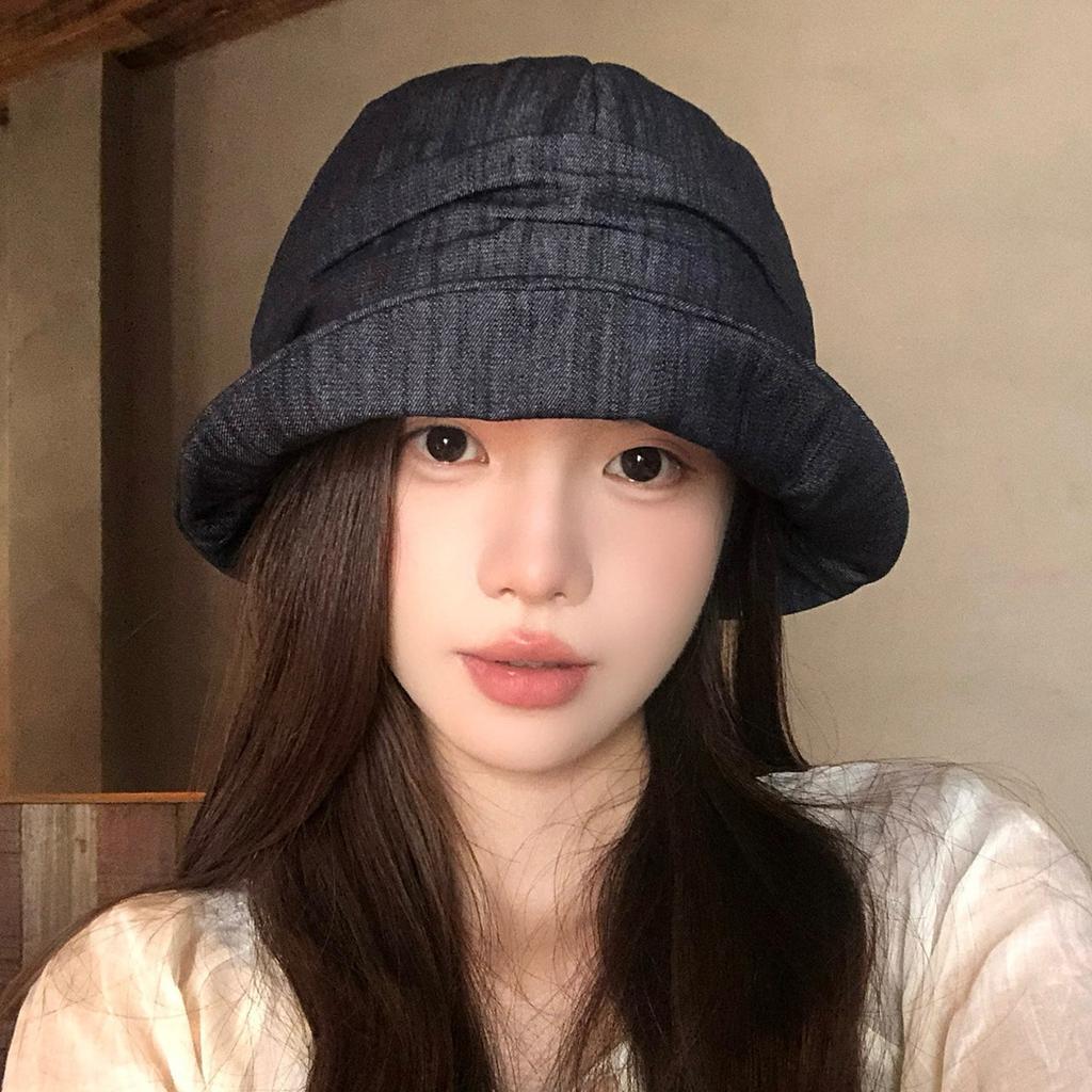 Retro pleated denim bucket hat women's spring and summer thin versatile sunshade basin hat big head circumference showing face small bucket hat
