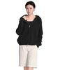 Clace Cable Vest Hooded Zip-Up Cardigan 2-Piece Set_Black