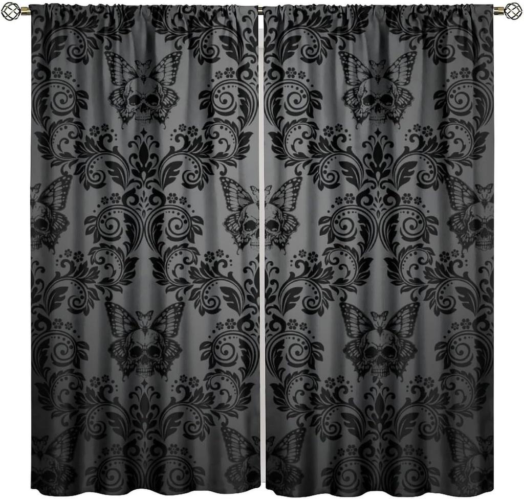 Gothic Black Damask Curtain Vintage Floral Exotic Suger Skull Window Treatments Bedroom Bone Skeleton Antique Bohemian Polyester Washable Ready