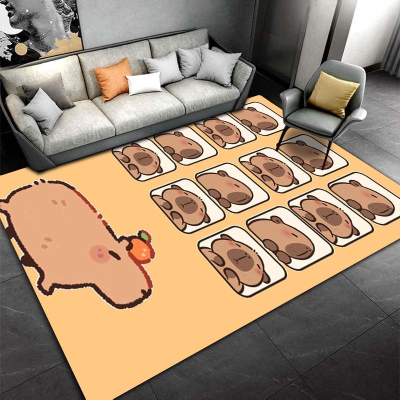 Cute Cartoon Animal Carpet with Sleeping Capybaras and Orange Accent Suitable for use as an anti-slip for living room bedroom sofas