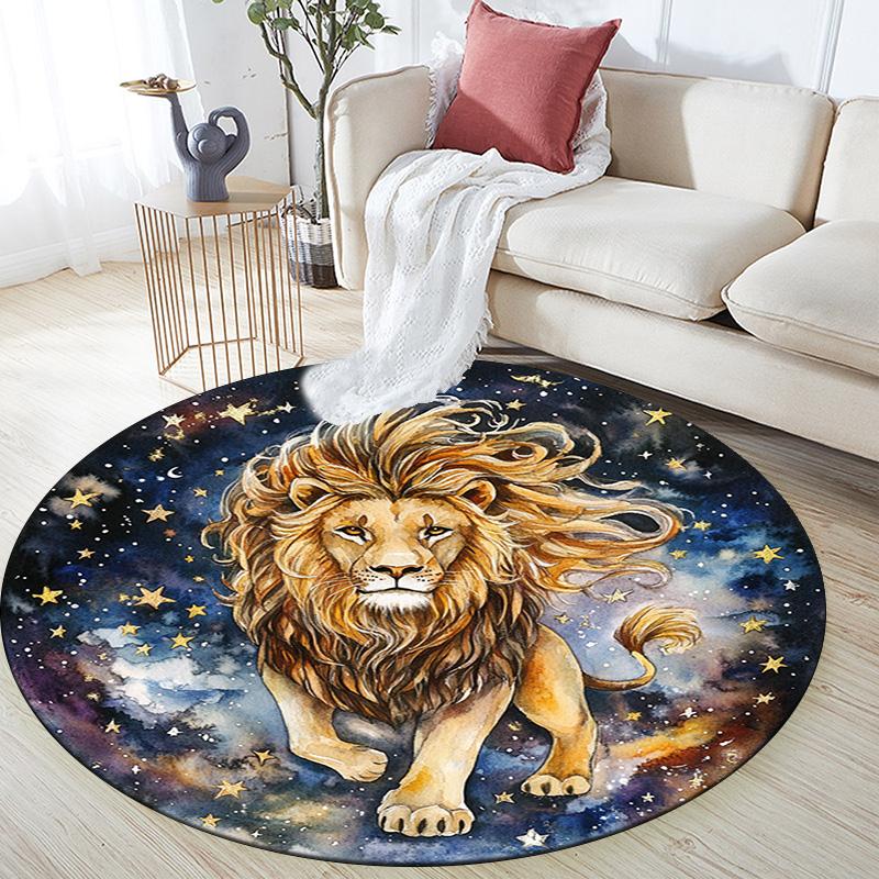 Lion Waves Stars Round Area Rug,Carpet Rug for Living Room Bedroom Sofa Playroom Decor,Non-slip Floor Mat