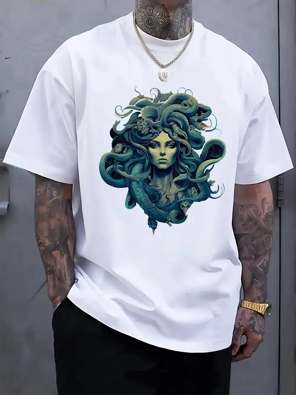 Casual Crew Neck T-shirt with Medusa-Inspired Print - Short Sleeve S