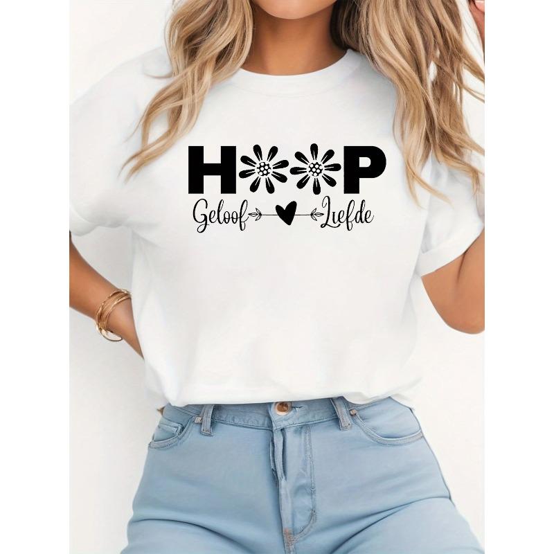 

HOOP Geloof Liefde Letter Print Plus Size Women s T-shirt, Short Sleeve Crew Neck Casual Top for Summer & Spring, Women s Clothing 4XL білий