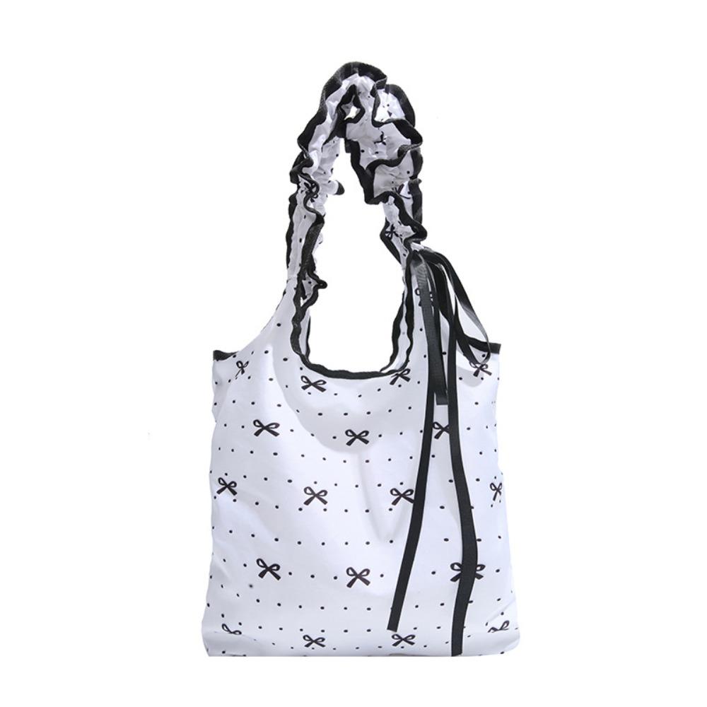 

Sweet Bow Floral Shoulder Bag Large Capacity Nylon Shopping Pouch Pleated Strap Tote Bag Summer Style 1