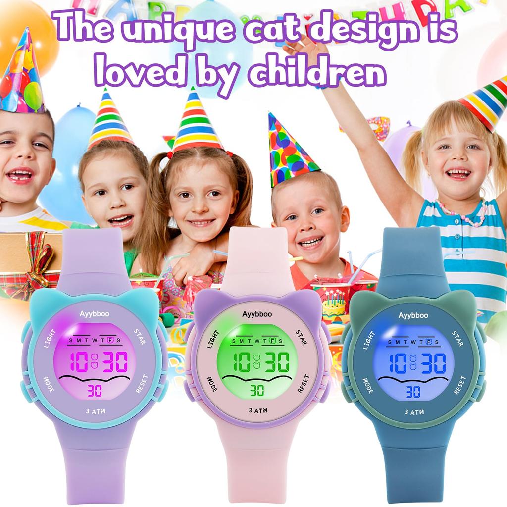 Ayybboo Kids Watch, 7 Color Light Watch, For Girls Boys, Children's Digital Watch, Cat Design, 3ATM Water Resistant / Quartz / Soft Strap For Ages