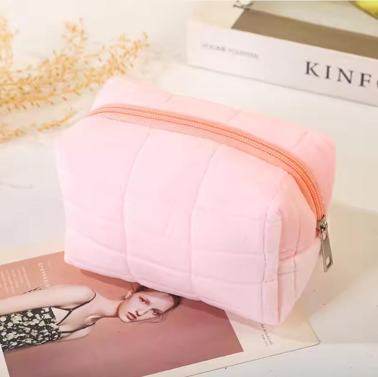 Cute Soft Plush Small Cosmetic Bag Portable Travel Pouch Solid Color Zipper Toiletry Storage Organizer for Women Makeup