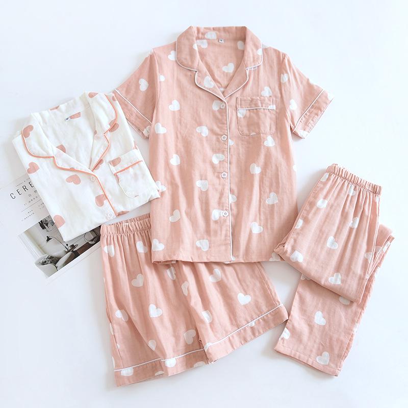 Women's Pure Cotton Three-Piece Pajama Set: Short Sleeve Top, Long Pants, and Shorts for Summer and Spring-Autumn Homewear.