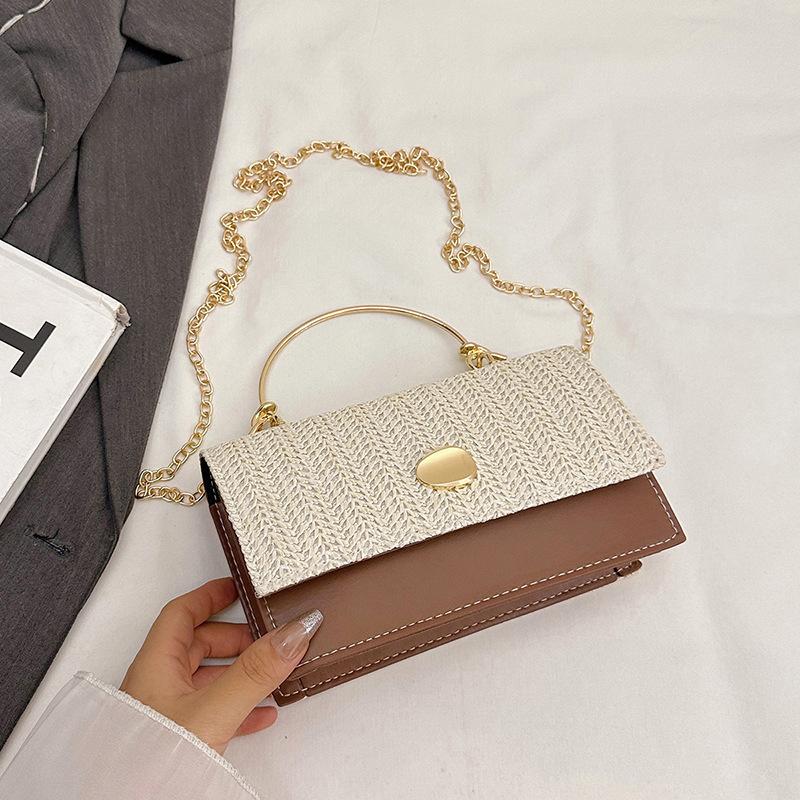 Hot Sale Vintage Woven Top Handle Bag Beige Orange Flap Shoulder Handbag With Chain For Women Daily Commute Work Satchel