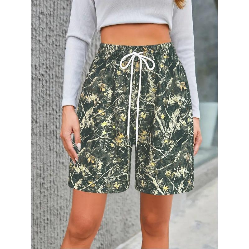 Damskie wiosenno-letnie szorty z nadrukiem kamuflażu gałęzi, luźne, casualowe spodnie sportowe ze sznurkiem