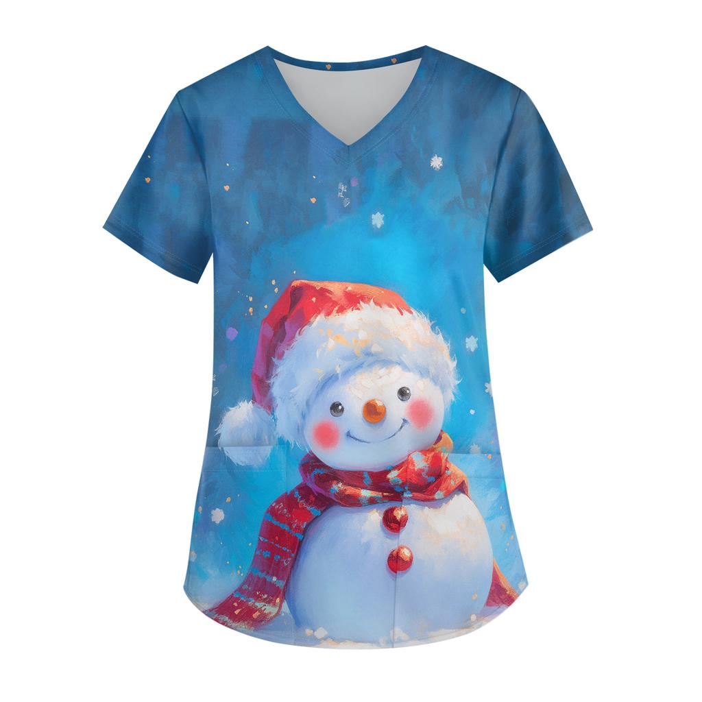 Ladies' Christmas Printed Fashionable V-neck Pocket Short Sleeved Uniform And Caregiver Top