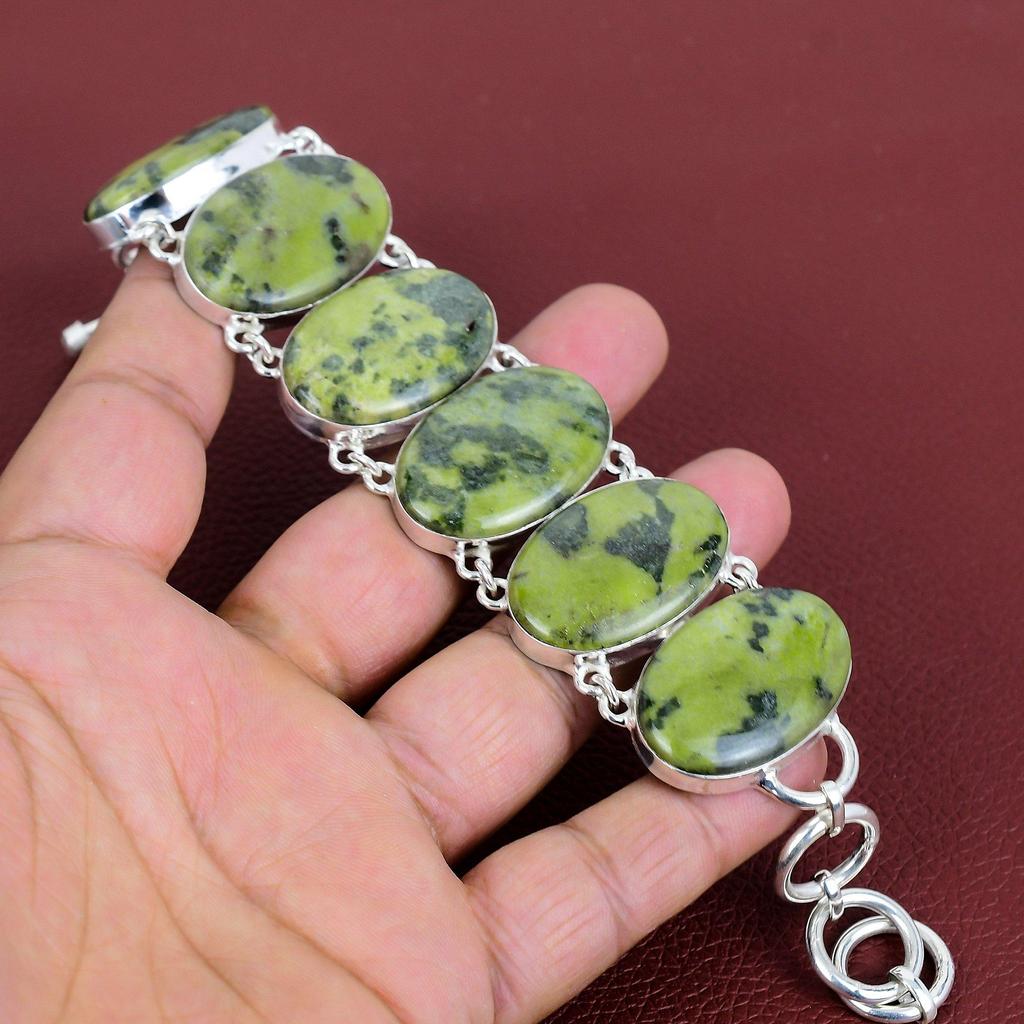 Serpentine bracelet natural gemstone bracelet handmade antique jewelry 925 sterling silver bracelet adjustable chain bracelet gifts for wife