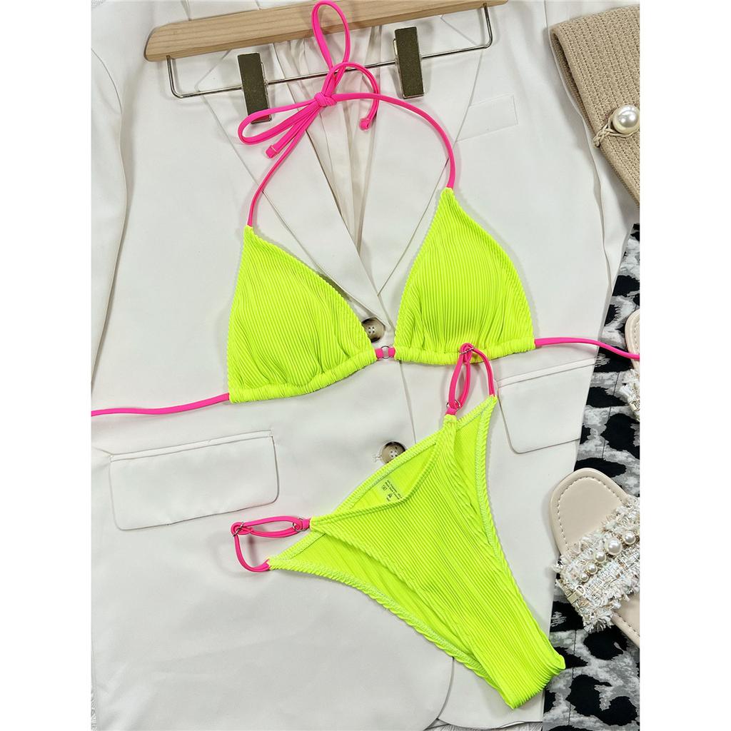Sexy Neon Halter Rippen Bikini Weiblichen Badeanzug Frauen Bademode Zwei-stück Bikini set Gepolsterte Badende Badeanzug Schwimmen Dame