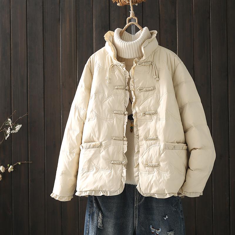 FASHION2024 New Product Handmade Buckle Light and Thin Splicing Stand-up Collar White Duck Down Short and Winter Literary Jacket Clothes