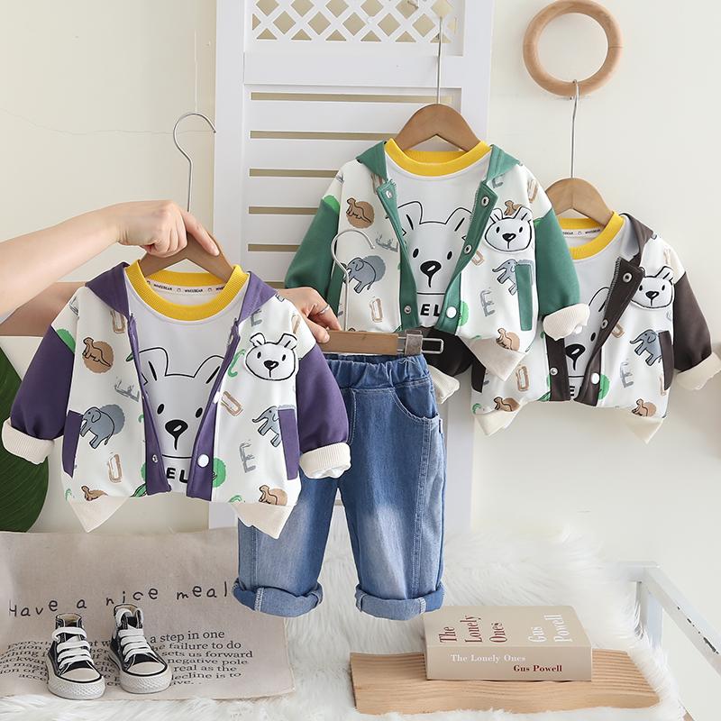 Boys' long sleeved 3-piece set, Children's hooded animal print jacket+cartoon T-shirt+casual denim pants, cute baby clothes