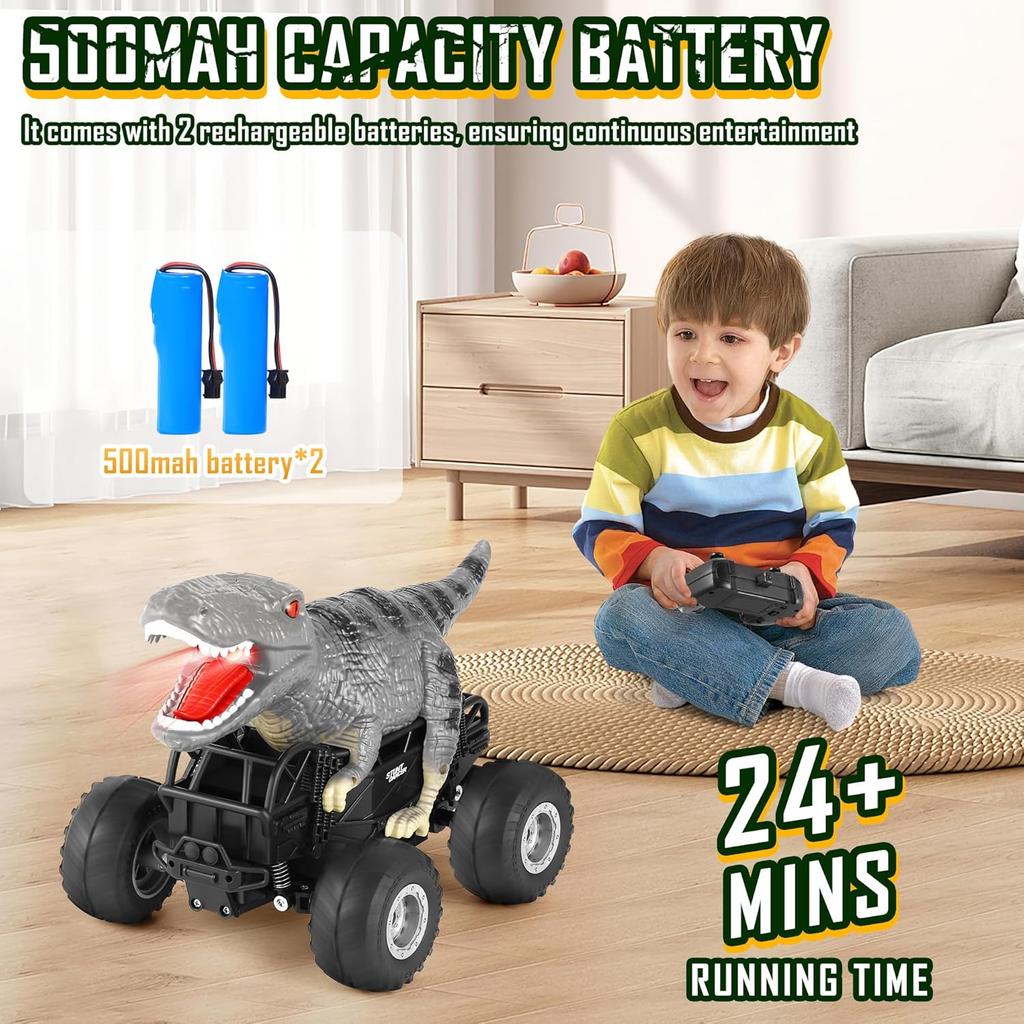 Remote Control Car, 2.4GHz 1:18 RC Cars With Light, 98FT 8KM/H 2-Rechargeable Battery, All Terrain Monster Remote Control Truck Toy, Dinosaur Monster