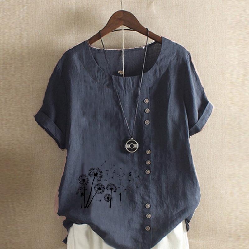 Women's Fashion Black Dandelion Prined Short Sleeve T-shirt Loose Cotton Shirt Casual Loose Summer Plus Size Blouse Tops
